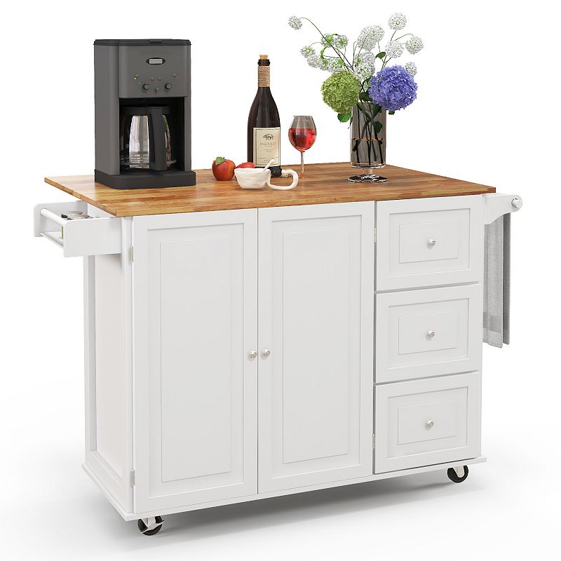 Kitchen Island Trolley Cart Wood with Drop-Leaf Tabletop and Storage Cabinet