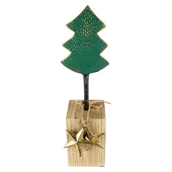 Metal Tree with Stars and Chunky Wooden Base Christmas Decoration