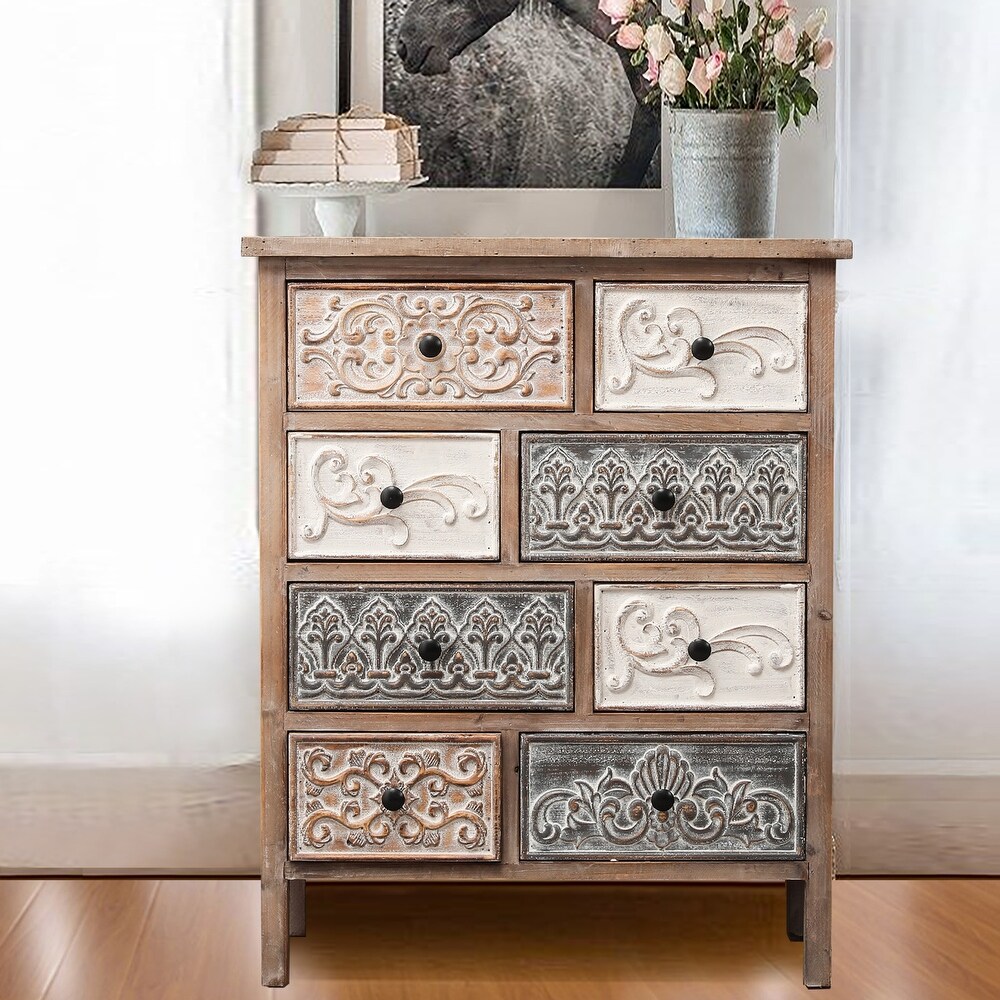 The Curated Nomad Brewa Varied Rustic Carved Wood 8 Drawer Chest   32.09\