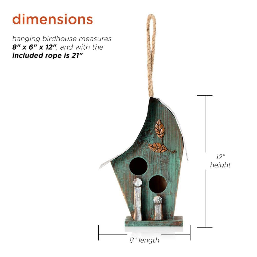 Alpine Corporation 12 in. Tall Outdoor Hanging Wooden Birdhouse, Turquoise YEN134HH-TUR