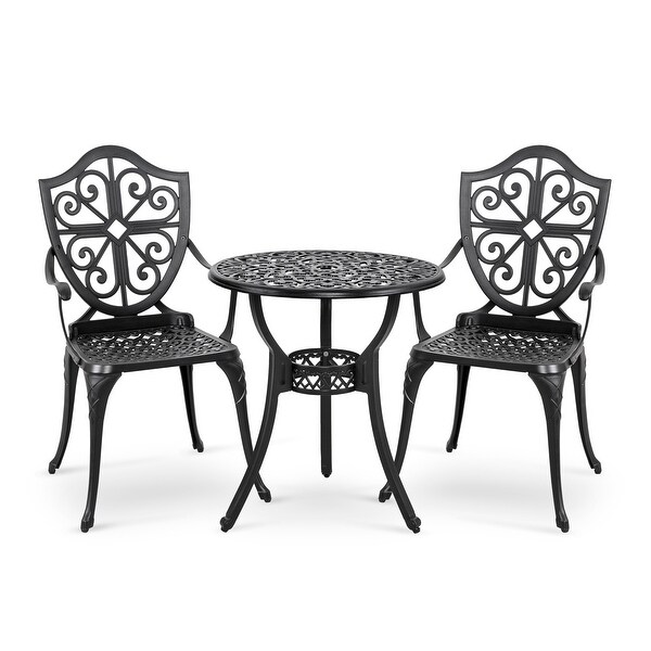 24 Inch Cast Aluminum Bistro Table with Umbrella Hole and 2 Bistro Chairs