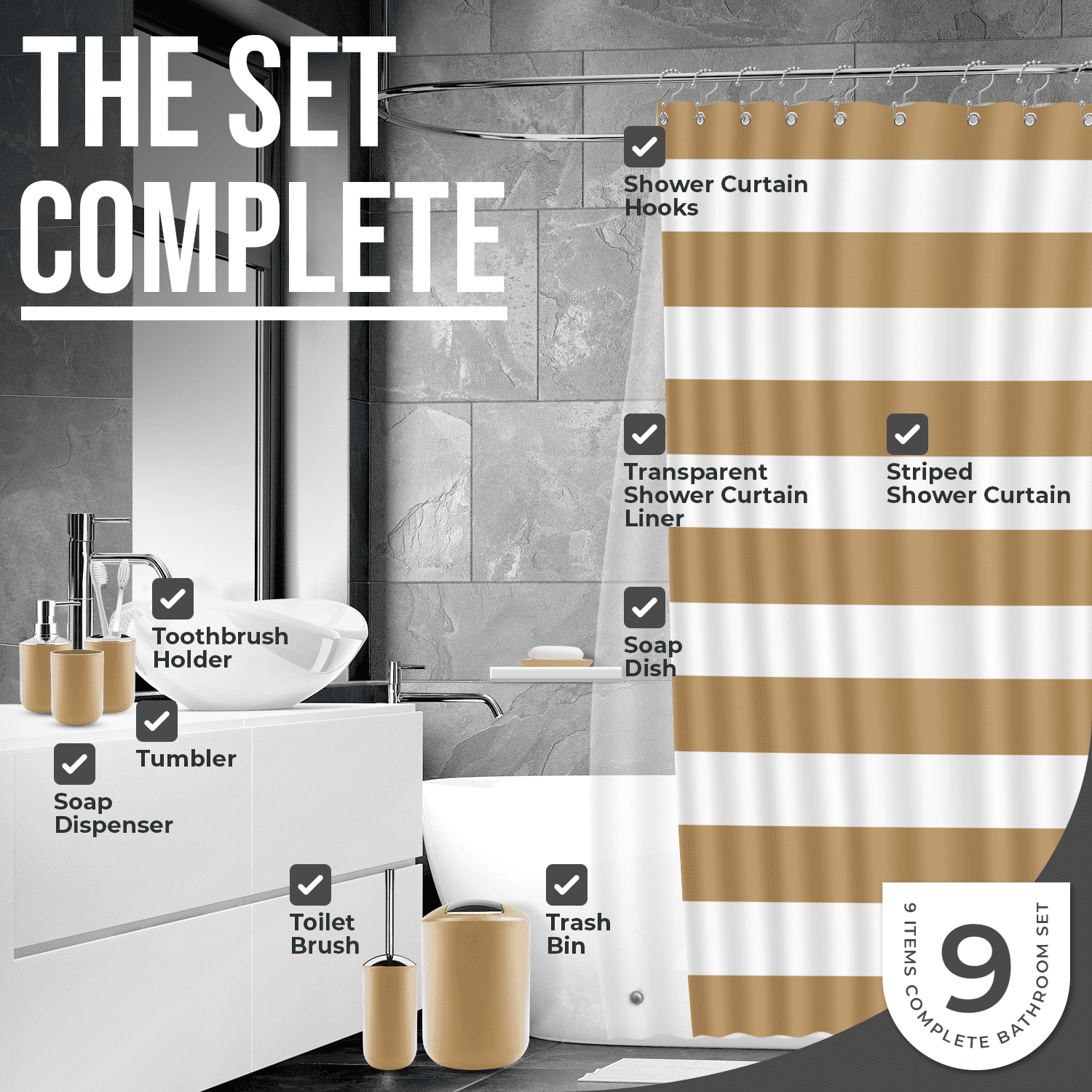 Clara Clark 12 Piece Bathroom Accessory Gift Set， Trash Can， Toothbrush Cup Soap Dish， Tumbler Toilet Brush with Holder， Gold Bathroom Décor， Bathroom Curtains Shower Set， Bath Rug Set Included