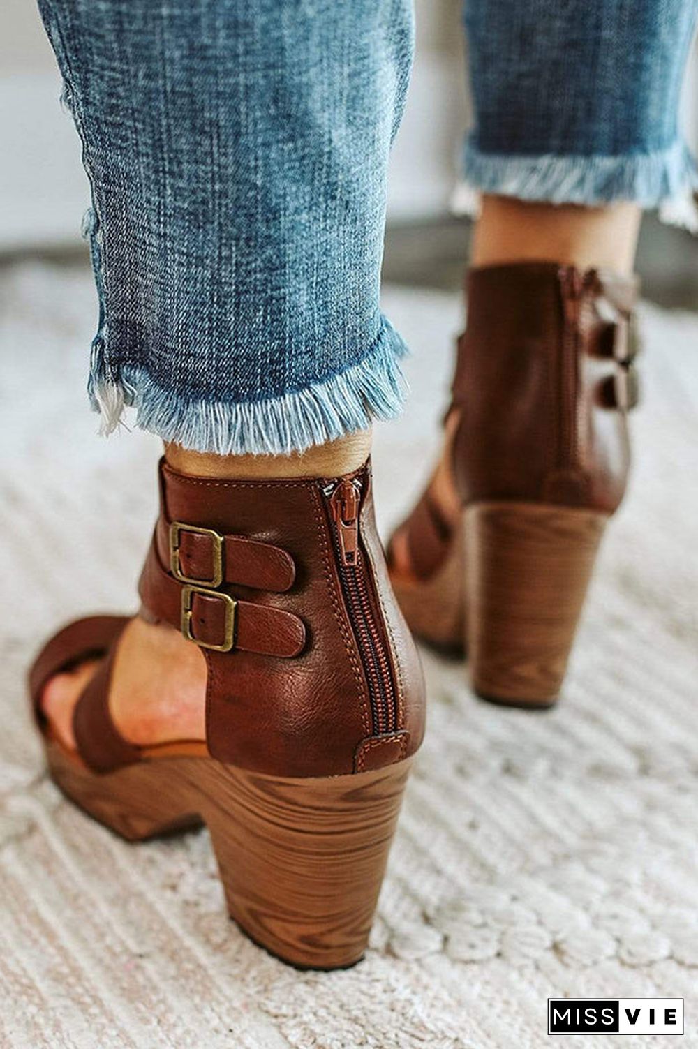 Chunky Heels Buckle Zipper Wedge Sandals