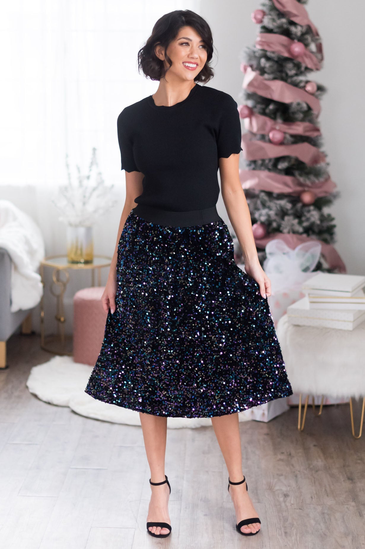 Twirling Into The New Year Modest Sequin Skirt