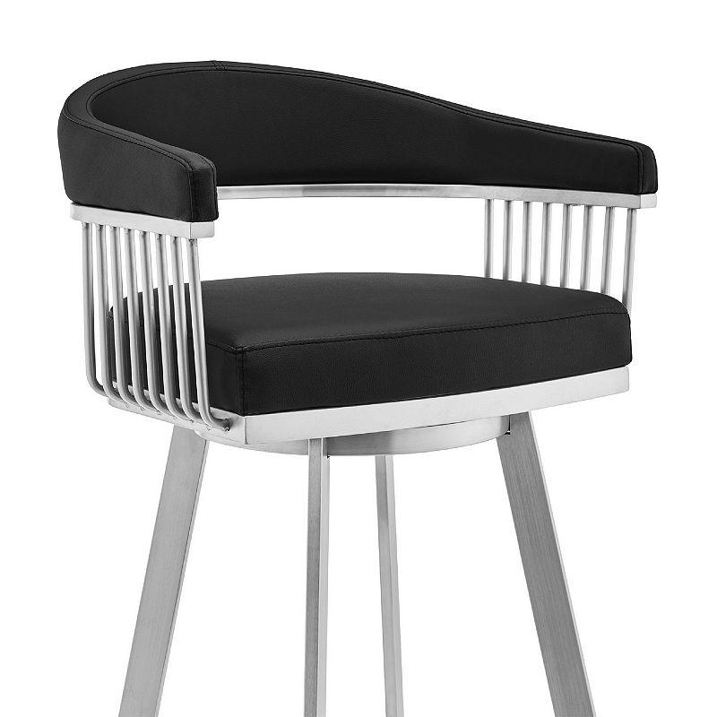 Swivel Barstool with Open Frame and Slatted Metal Arms， Black and Silver