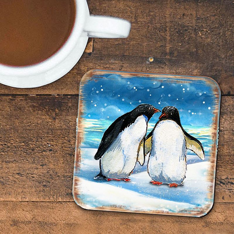 Penguins Coastal Wooden Cork Coasters Gift Set of 4 by Nature Wonders