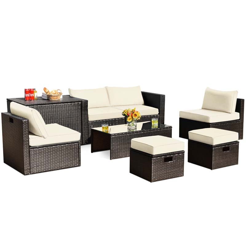 8 Pcs Rattan Patio Sectional Sofa Set with Storage Box & Waterproof Cover