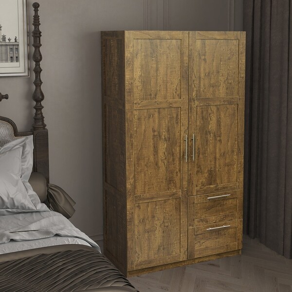 Traditional wooden wardrobe 2 door locker with 2 drawers， adjustable shelves and adult hanging rods， metal handles - - 38105665