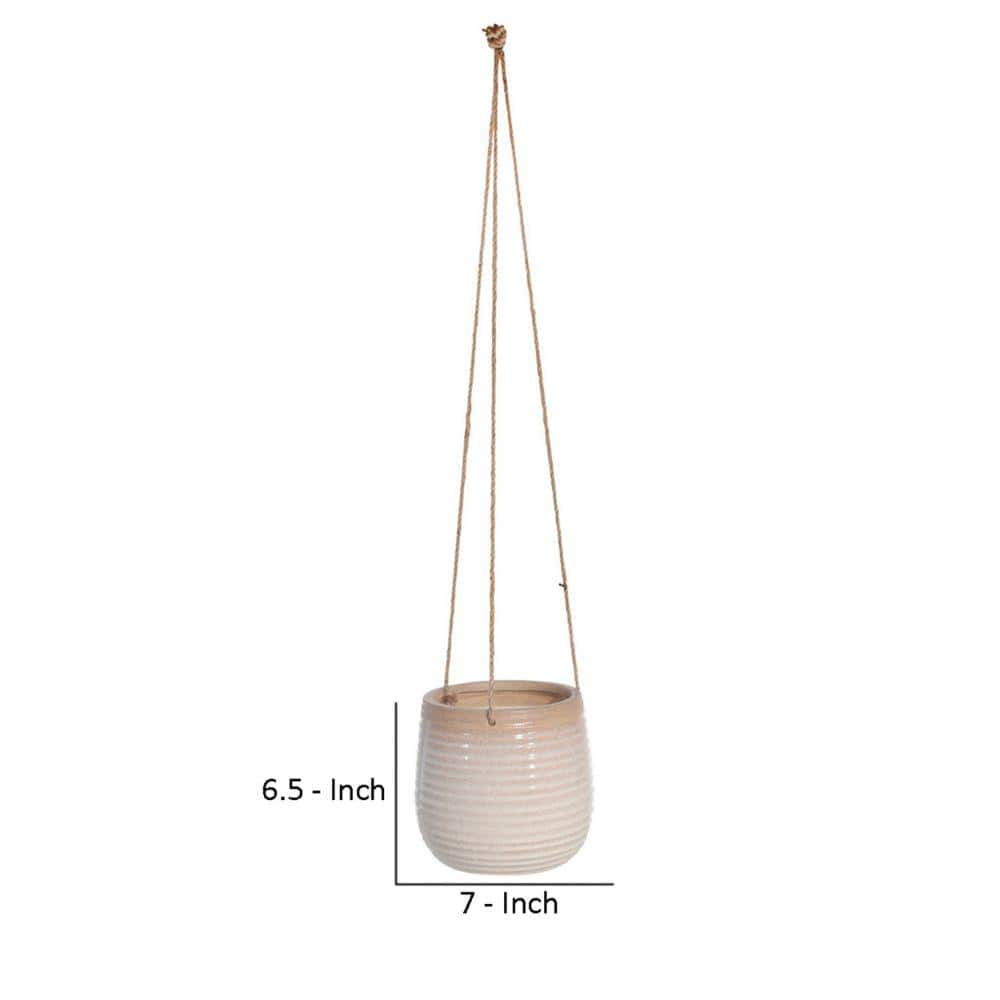 Benjara 7 in. x 6.5 in. Beige Hanging Planter with Ceramic Body and Textured Details BM263810