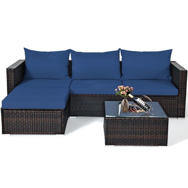 Gymax 5PCS Cushioned Rattan Patio Conversation Set w/ Ottoman Navy