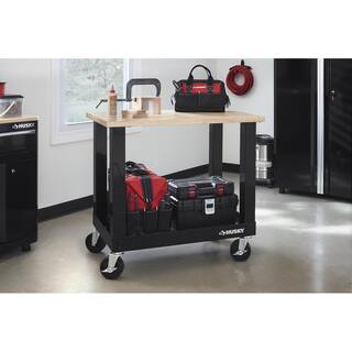 Husky Ready-To-Assemble 3 ft. Portable Solid Wood Top Workbench with Casters in Black G3600S-US