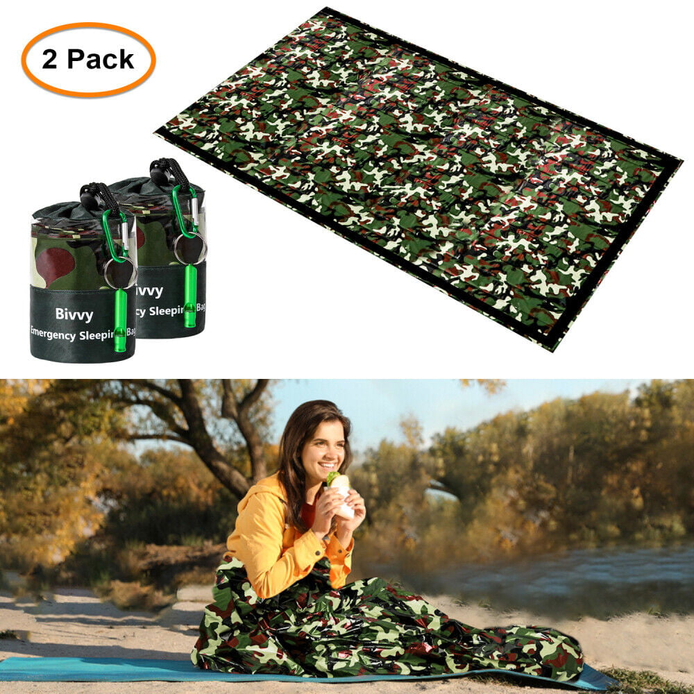 LAYADO 2 Pcs Camouflage Emergency Sleeping Bags for Survical Waterproof Lightweight Thermal Bag for Outdoor 0 ℃ Cold Weather with Carabiner and Whistle