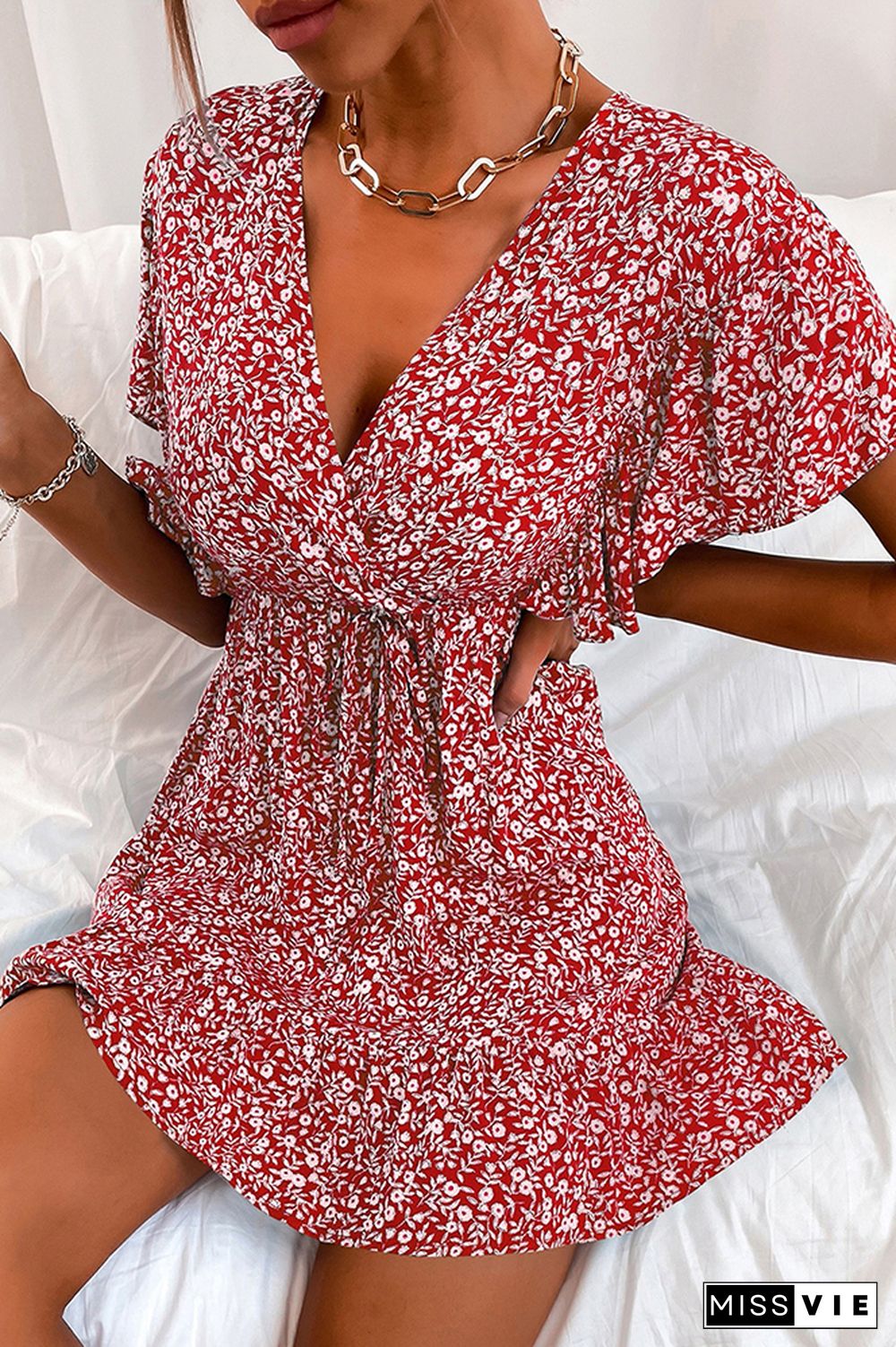 Floral Print Ruffle Sleeve Deep V Neck High Waist Dress Wholesale