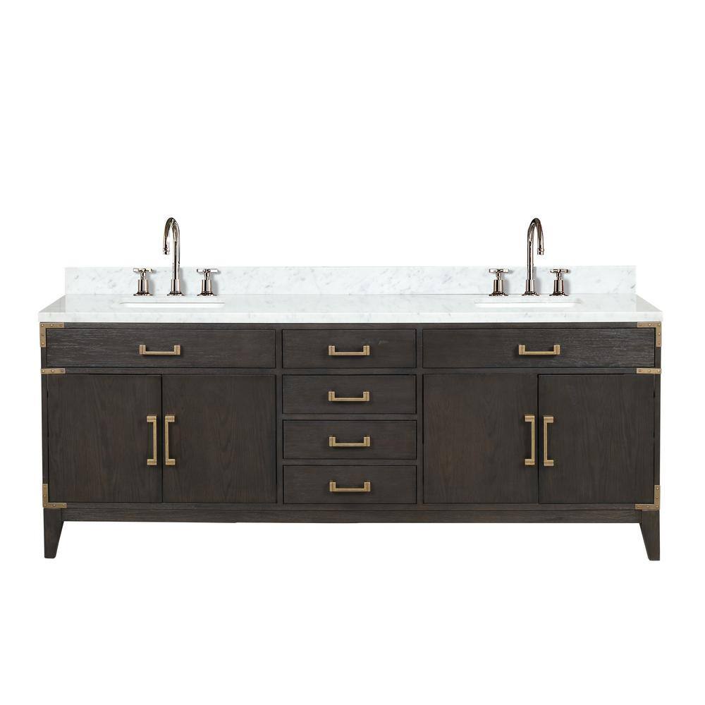 Lexora Fossa 84 in W x 22 in D Black Oak Double Bath Vanity Carrara Marble Top and Faucet Set LVF84DJ101