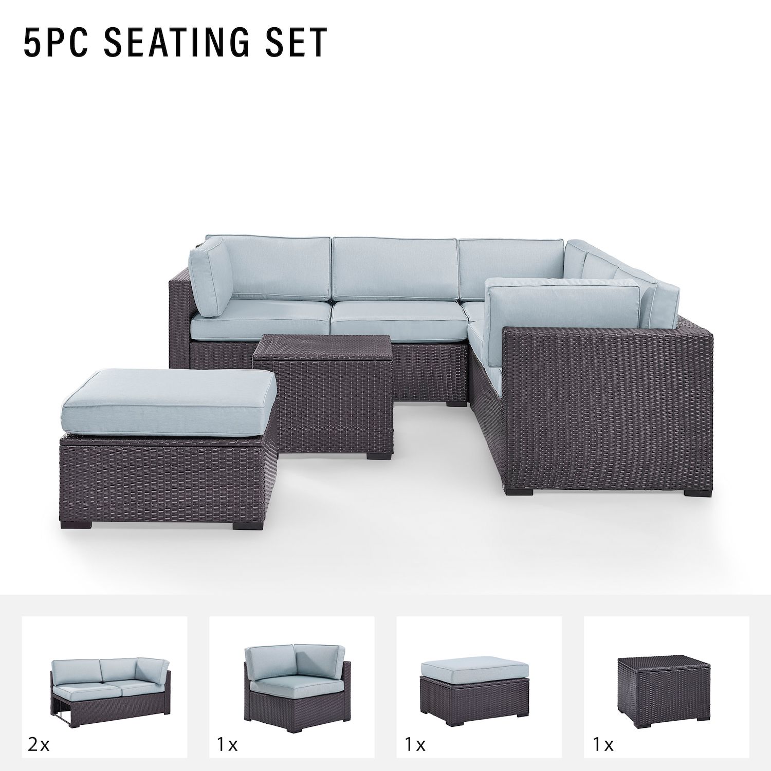 Crosley Furniture Biscayne Patio Wicker Loveseat， Chair， Coffee Table and Ottoman 5-piece Set