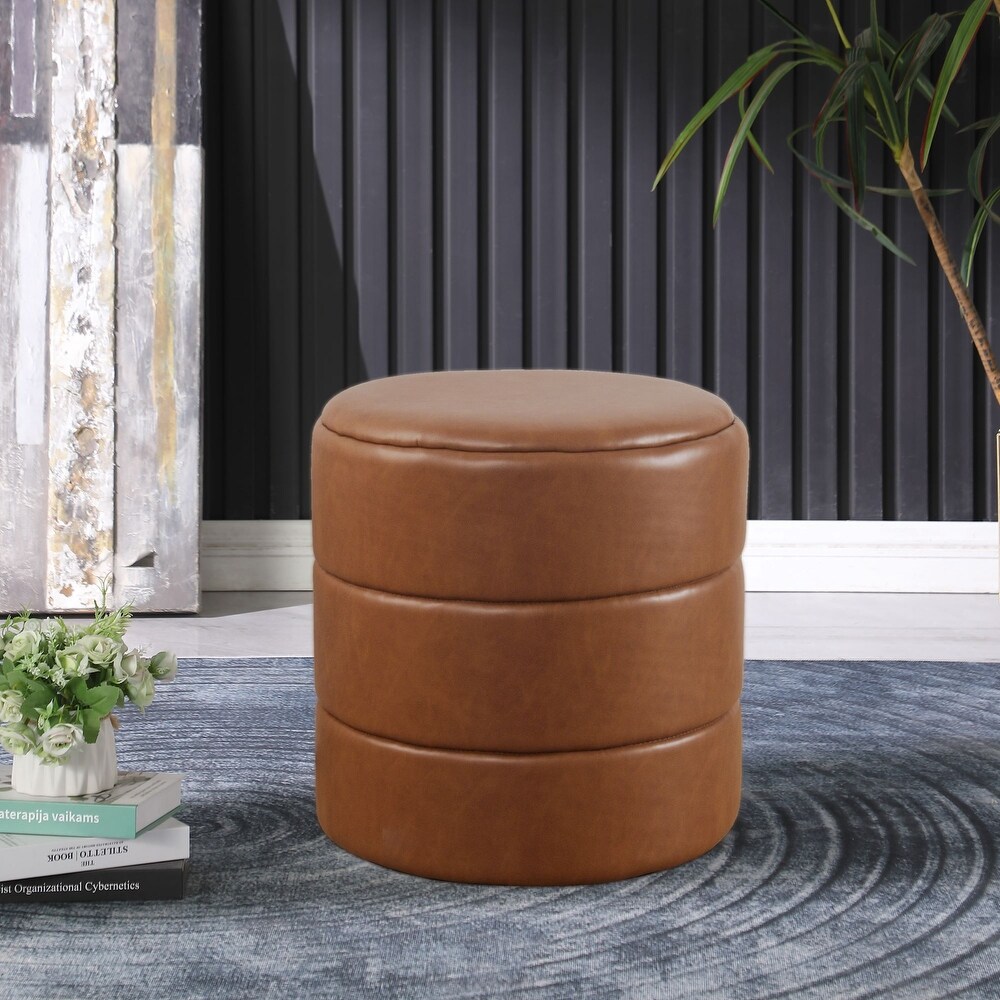 HomePop Upholstered Round OttomanCarmel Faux Leather