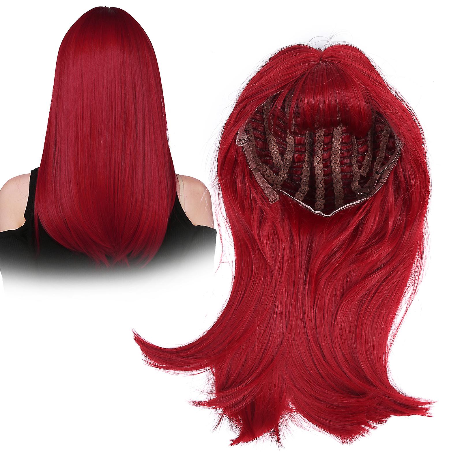 Red Long Straight Wig High Temperature Fiber Fake Hair With Straight Bang For Women 47cm