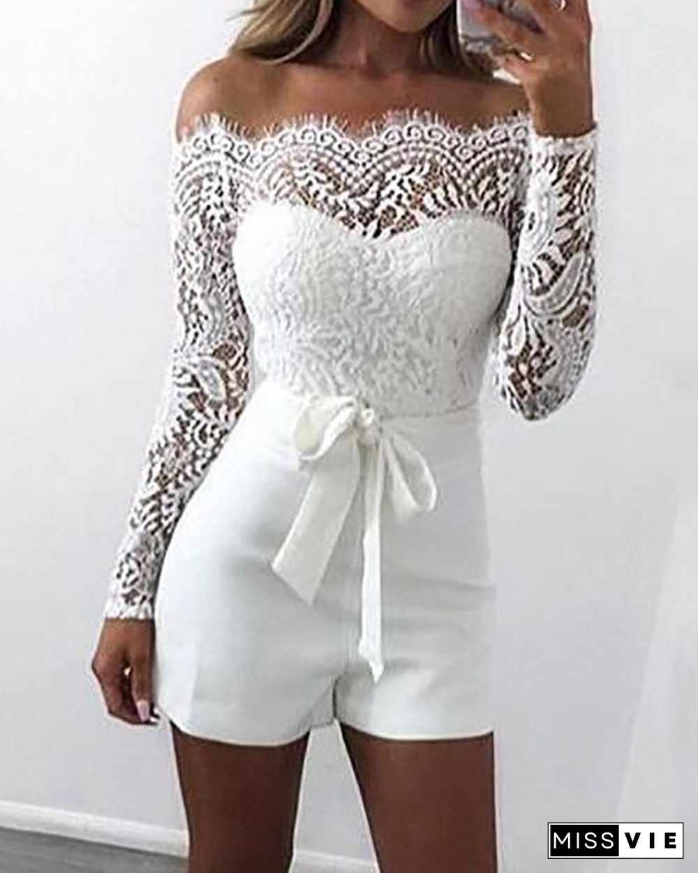 Off Shoulder Eyelash Lace Patchwork Belted Romper P13589