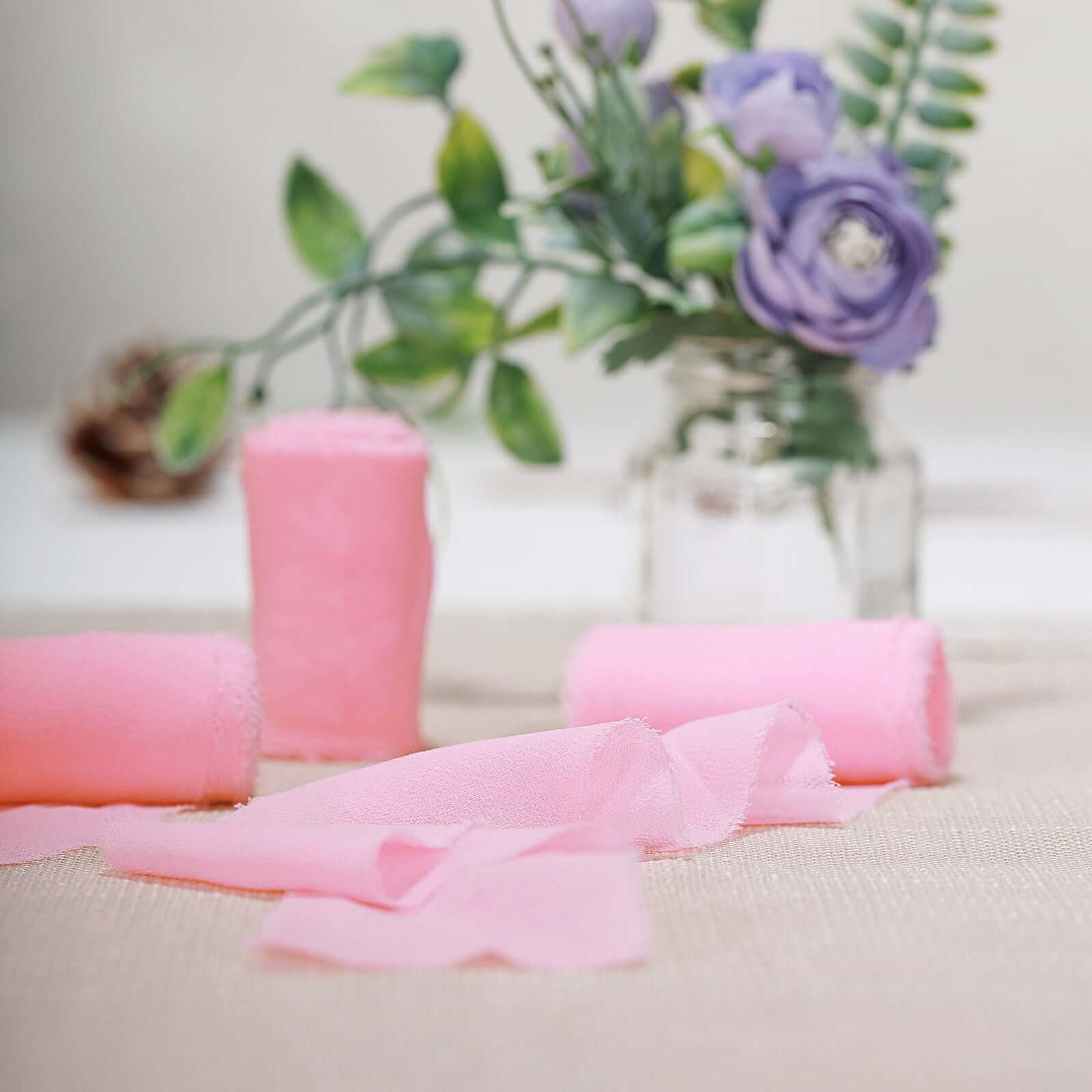 2 Pack Pink Silk-Like Chiffon Linen Ribbon Roll For Bouquets, Wedding Invitations Gift Wrapping 6yd