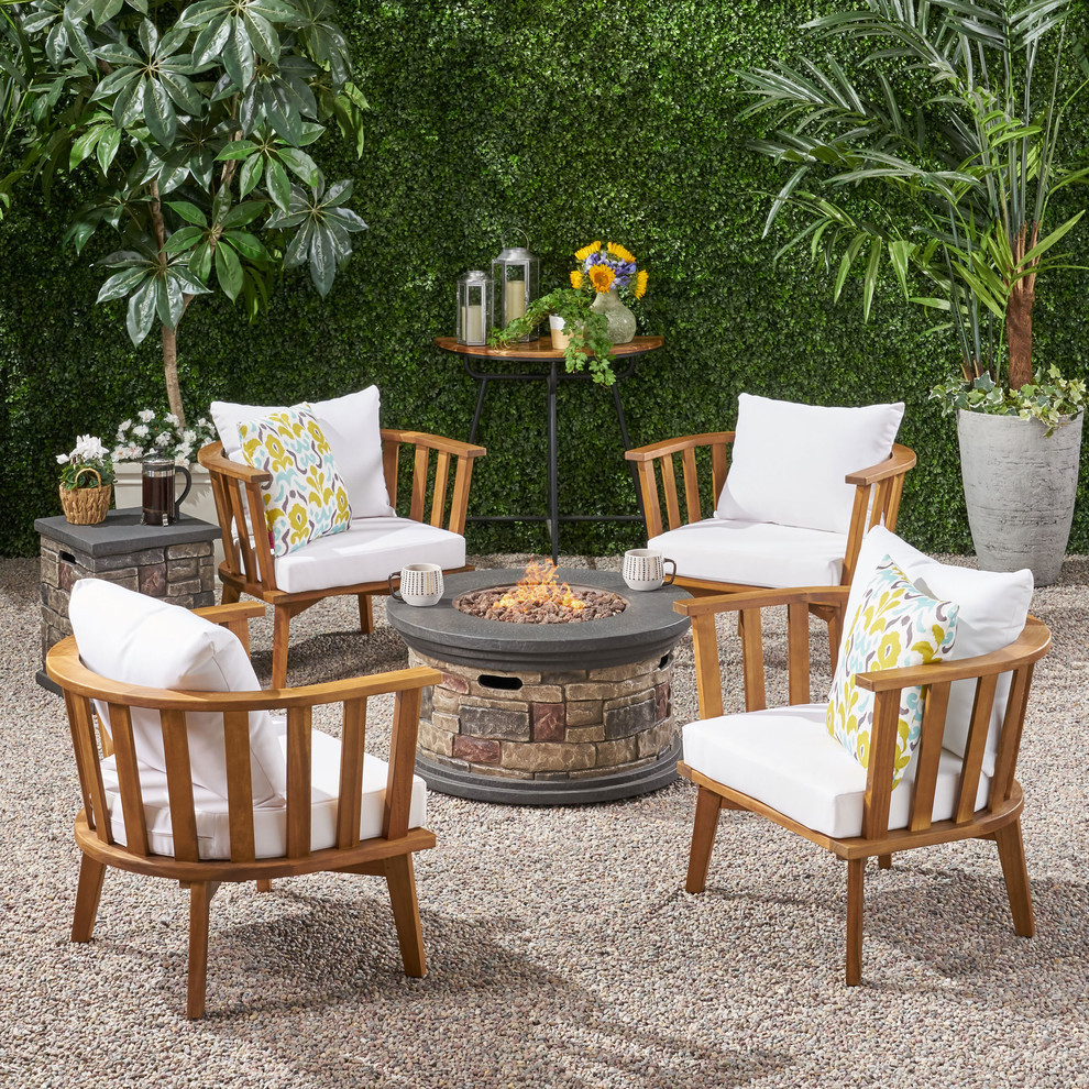 Naomi Outdoor Acacia Wood 4 Seater Club Chairs and Fire Pit Set   Midcentury   Outdoor Lounge Sets   by GDFStudio  Houzz