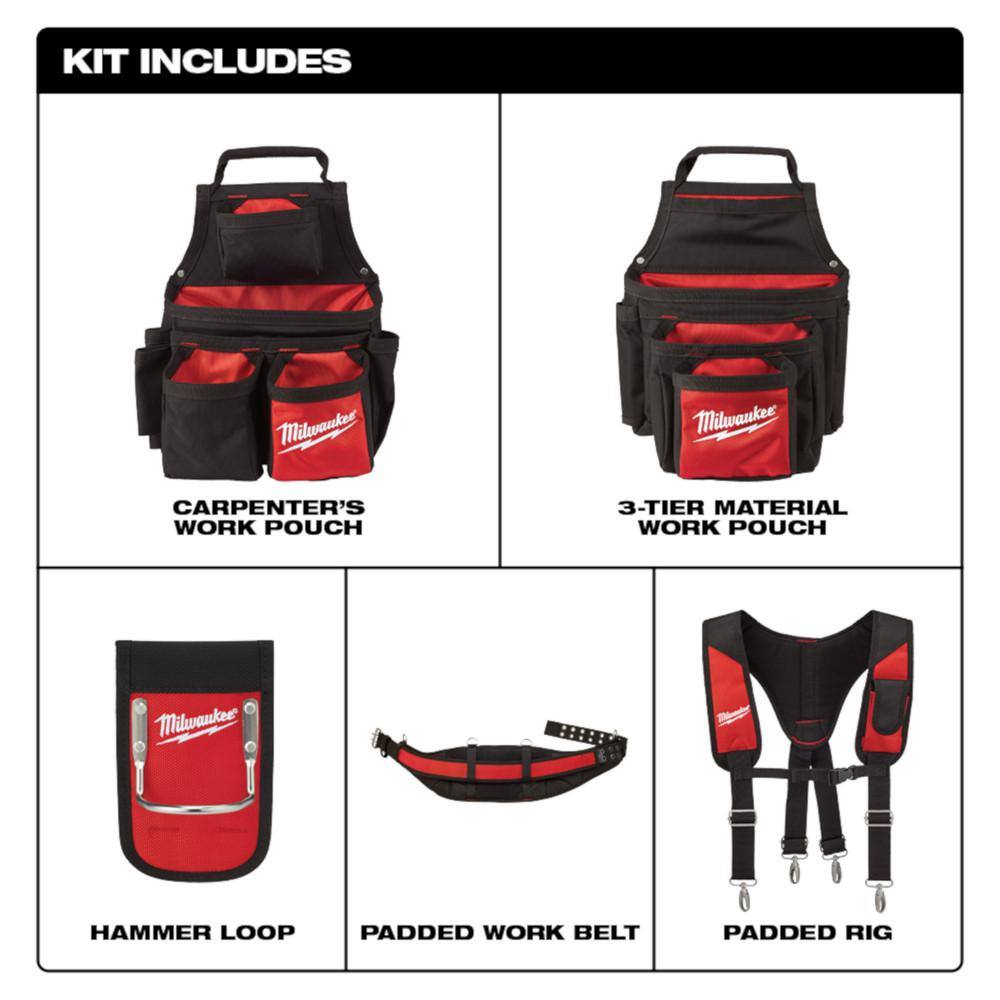 MW General Contractor Work Belt with Suspension Rig with 7-Pocket Compact Utility Pouch 48-22-8120-48-22-8118