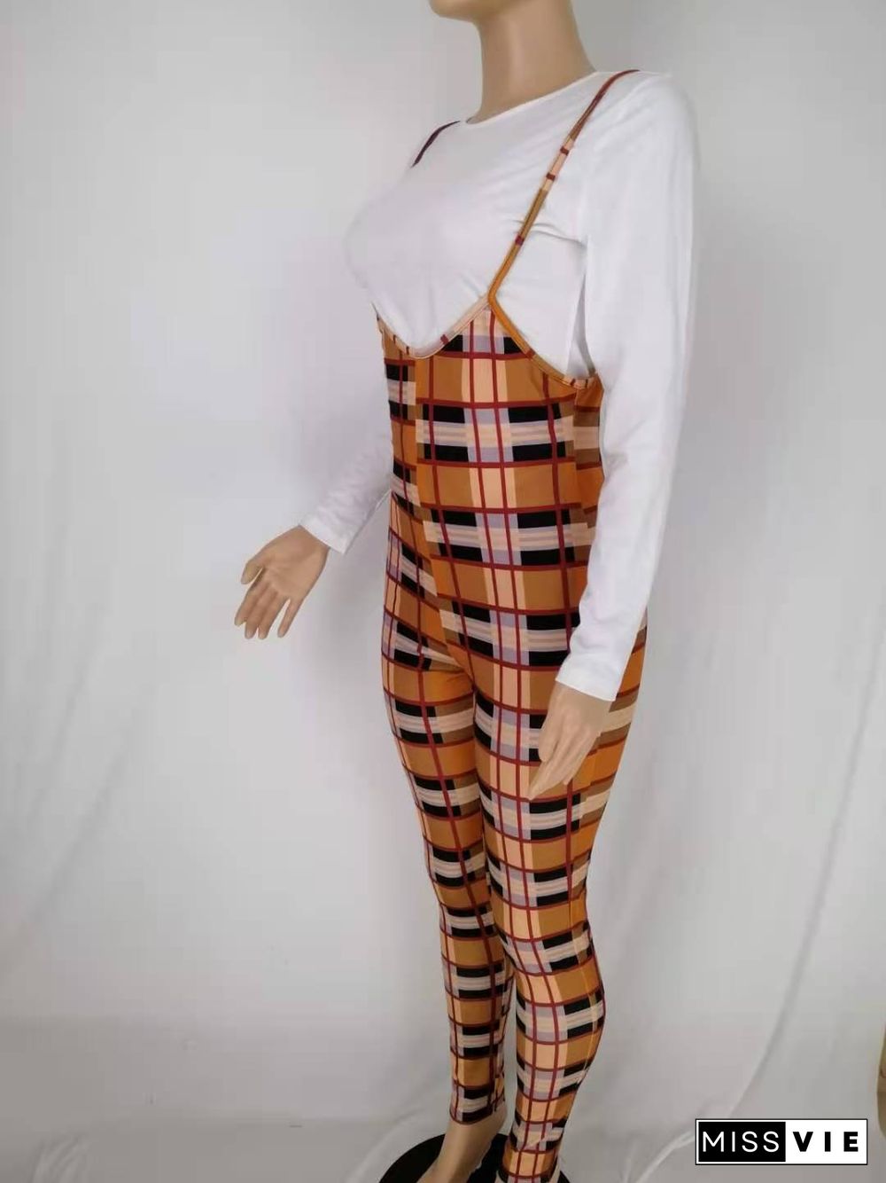 Fall White Long Sleeve Top Plaid Jumpsuit Lounge Wear Matching Sets