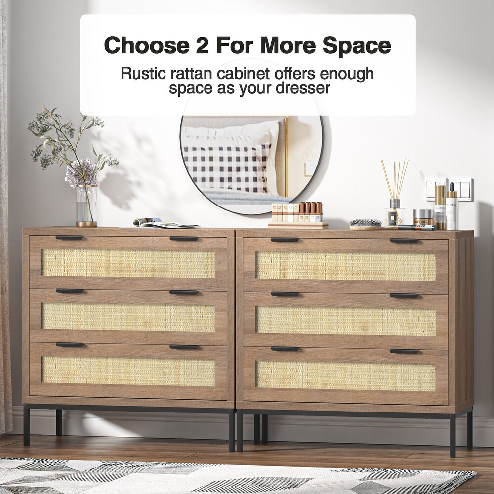 Bedroom Nightstand Dresser 3 Drawer Rattan Chest of Drawers Storage Cabinet 31.5\
