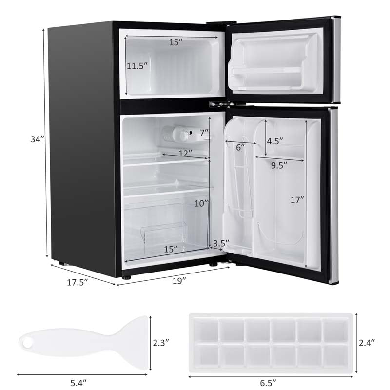 3.2 Cu.Ft 2-Door Compact Refrigerator Mini Freezer Cooler Fridge with Reversible Stainless Steel Door