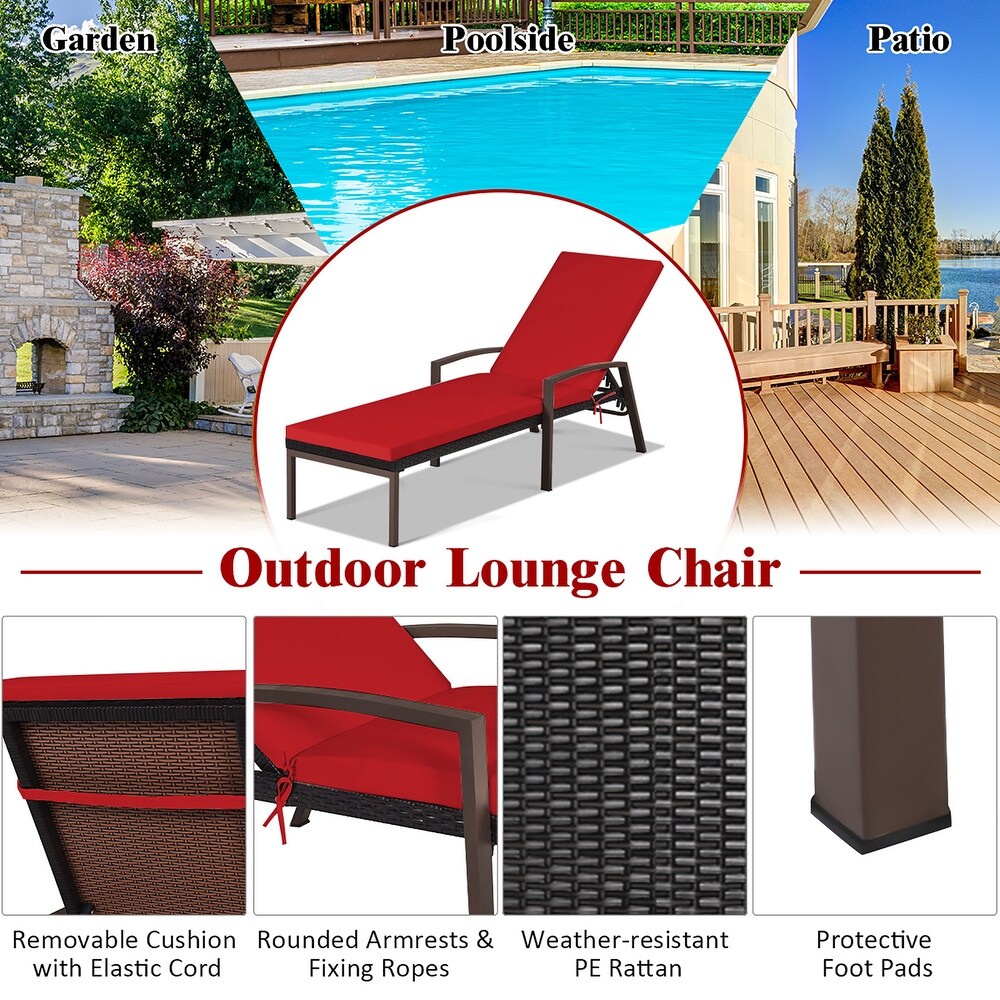 Costway 2PCS Patio Rattan Lounge Chair Chaise Recliner Back Adjustable