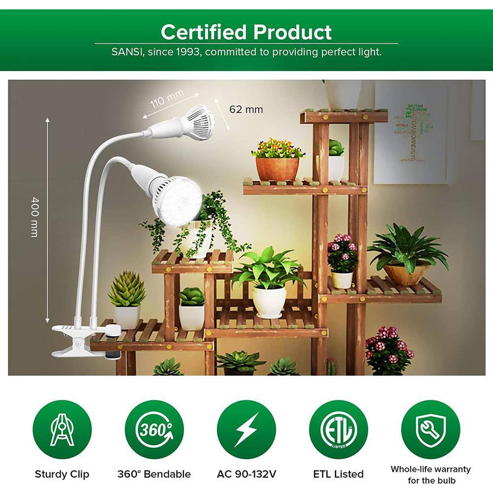 SANSI 300-Watt Equivalence White Full Spectrum 2-Head Gooseneck LED 20-Watt Grow Light 4000K Daylight Clip-On High PPFD Plant 01-03-001-011022