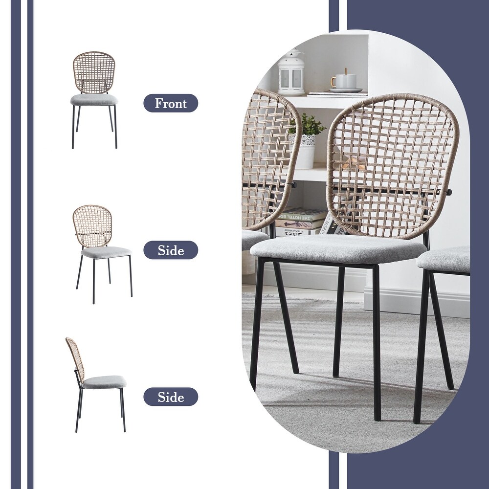 Velvet Upholstered Metal Frame Armless Rattan Dining Chair Set of 4