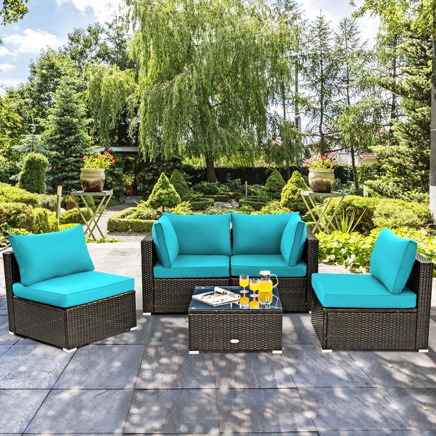 Tangkula 5pcs Rattan Patio Furniture Set Cushioned Sofa Chair Coffee Table Set Easy Assemble Red turquoise white navy black