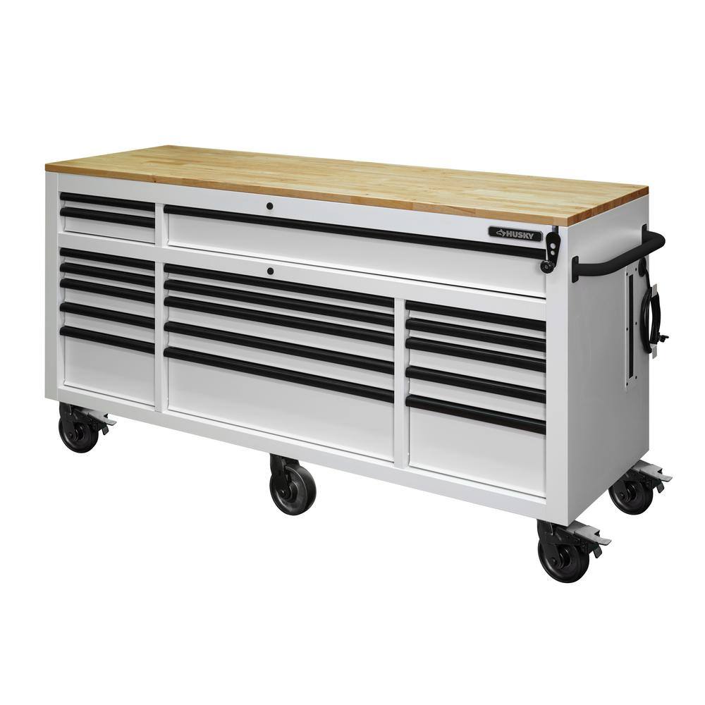 Husky 72 in. W x 24 in. D Heavy Duty 18-Drawer Mobile Workbench Cabinet with Adjustable Height Wood Top in Matte White HOLC7218BT1M