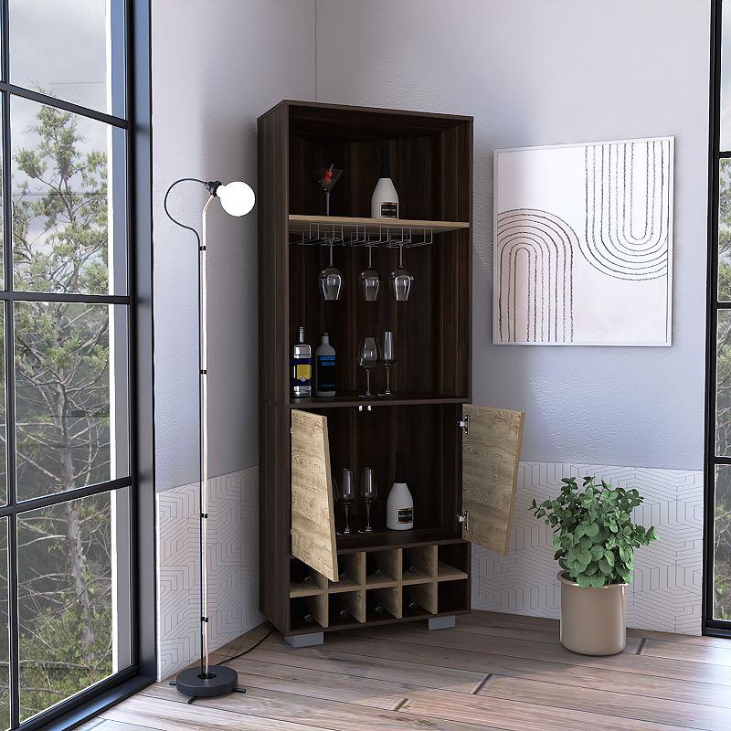 DEPOT E-SHOP Nassau Corner Bar Double Door Cabinet， Ten Built-in Wine Rack， Two Shelves， One Interior Shelf， Dark Oak / Pine