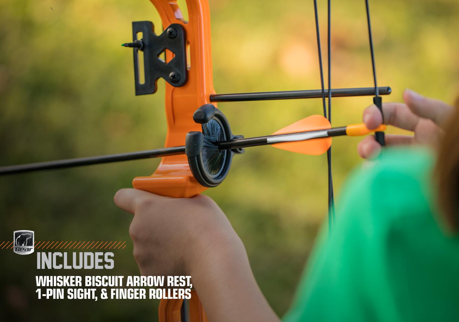 Bear Archery Brave Youth Bow Includes Whisker Biscuit， Arrows， Armguard， and Arrow Quiver Recommended for Ages 8 and Up a  Camo