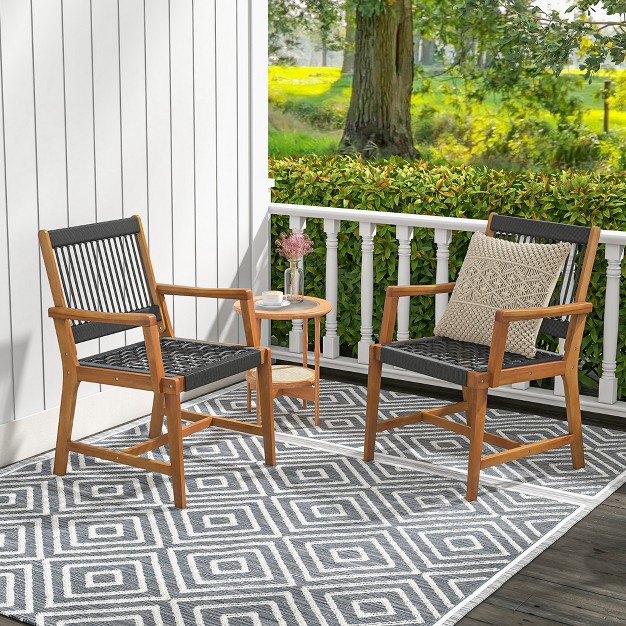 Costway Patio 2pcs Acacia Wood Dining Chairs All weather Rope Woven Armchairs Outdoor