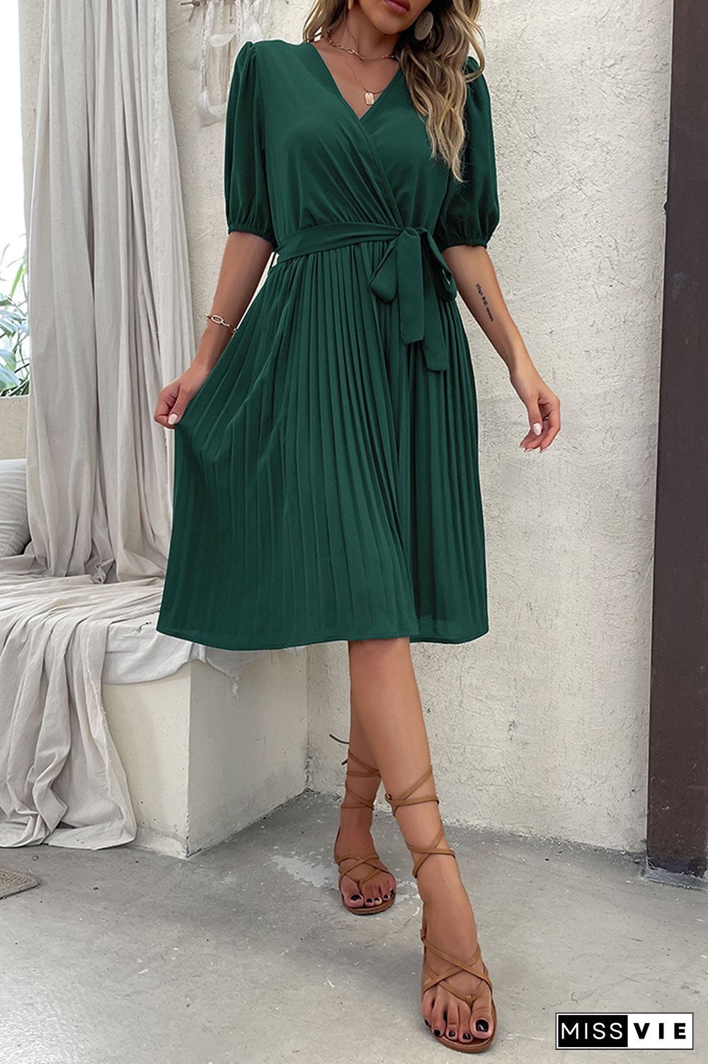 Dark Green Wrap V Neck Pleated Midi Dress