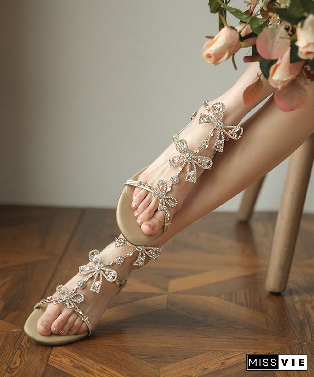 Gold Sandals Chunky Comfortable Splicing Peep Toe Zircon Bow