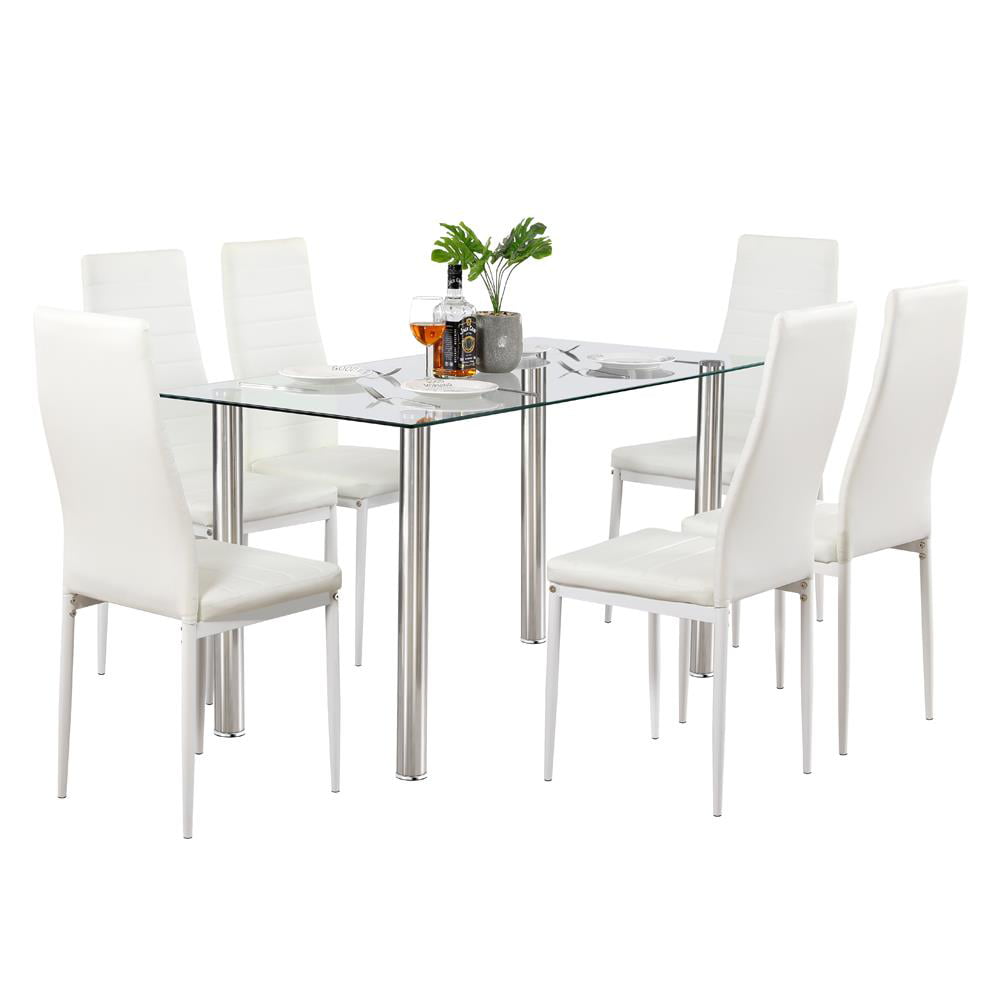 Ktaxon Home 7 Piece Dining Set Glass Metal Table and 6 Chairs Kitchen Room Furniture,White