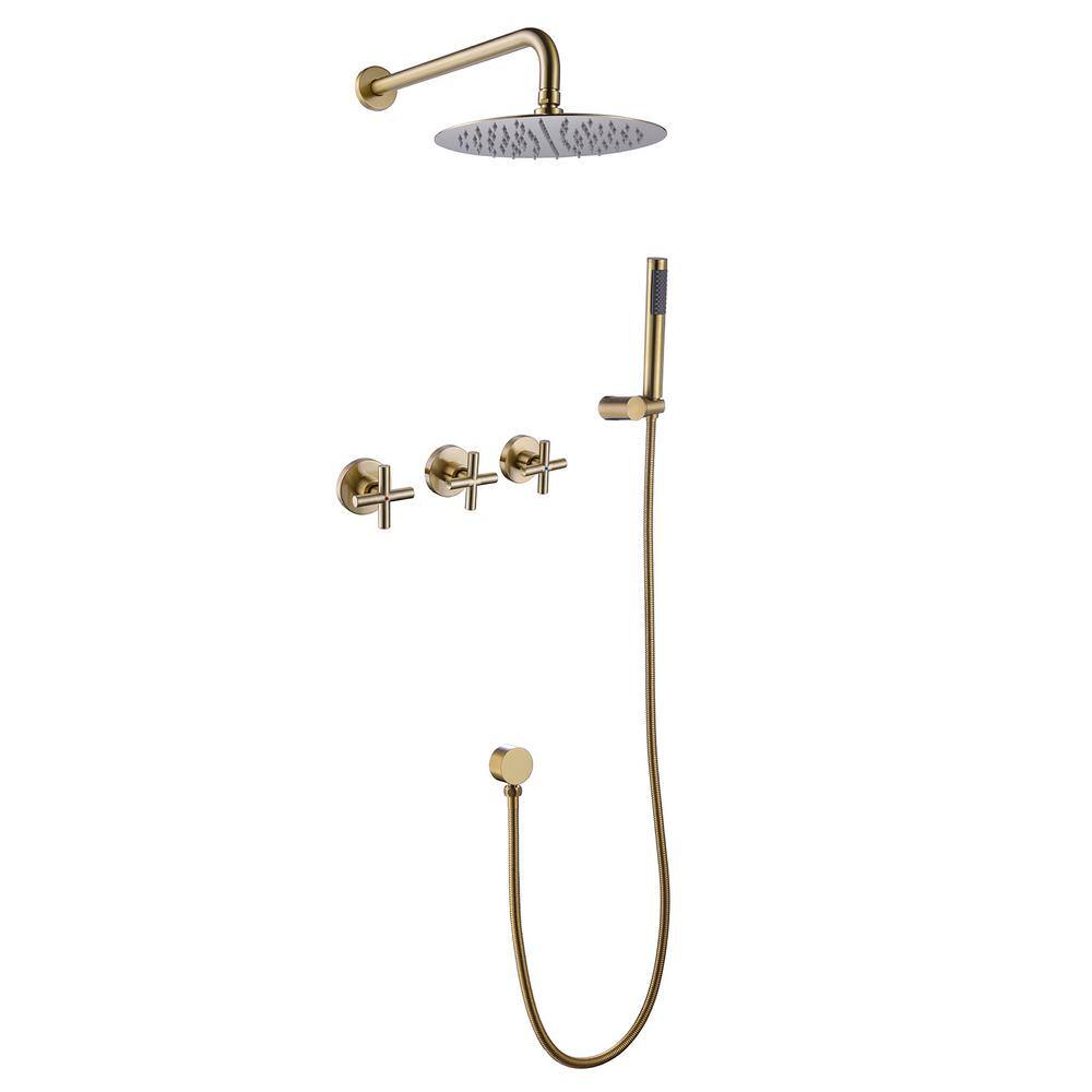 Hlihome 1-Spray Patterns with 2.5 GPM 10 in. Wall Mount Dual Shower Heads in Brushed Gold RBDK-0875-BG