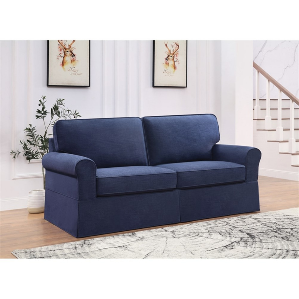 Ashton Slip Cover Sofa in Navy Blue Fabric   Contemporary   Loveseats   by Homesquare  Houzz