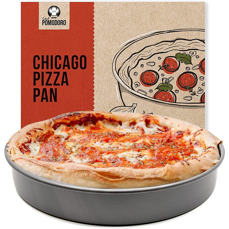 Chef Pomodoro Chicago Deep Dish Pizza Pan， 12-inch， Hard Anodized Aluminum， Pre-seasoned Bakeware