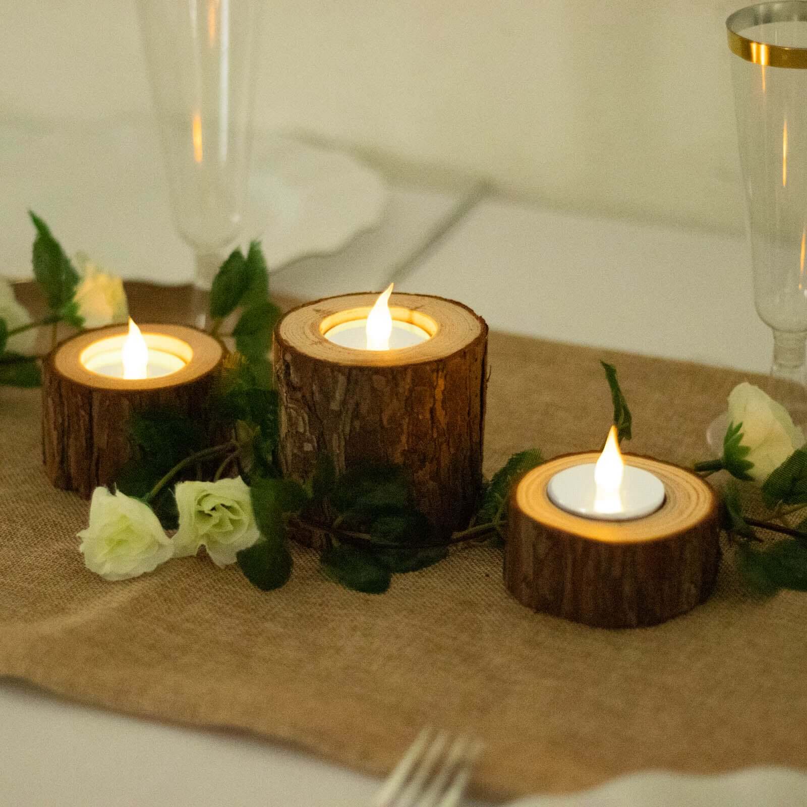 Set of 3 Assorted Farmhouse Wood Slice Votive Candle Holders, Rustic Tree Branch Wedding Table Décor 2.75