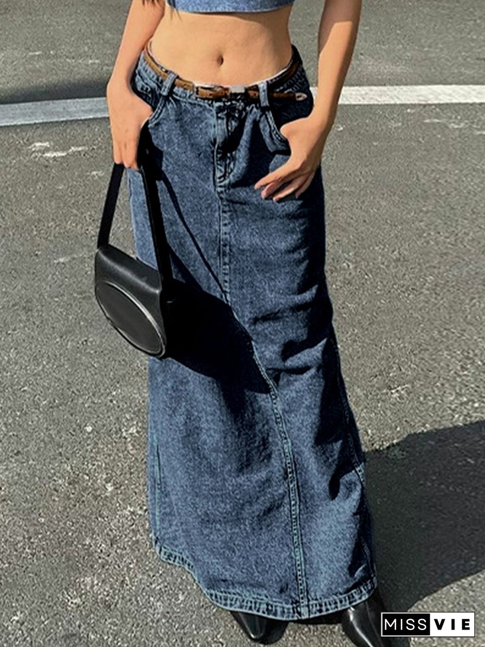 Splice Back Slit Denim Midi Skirt