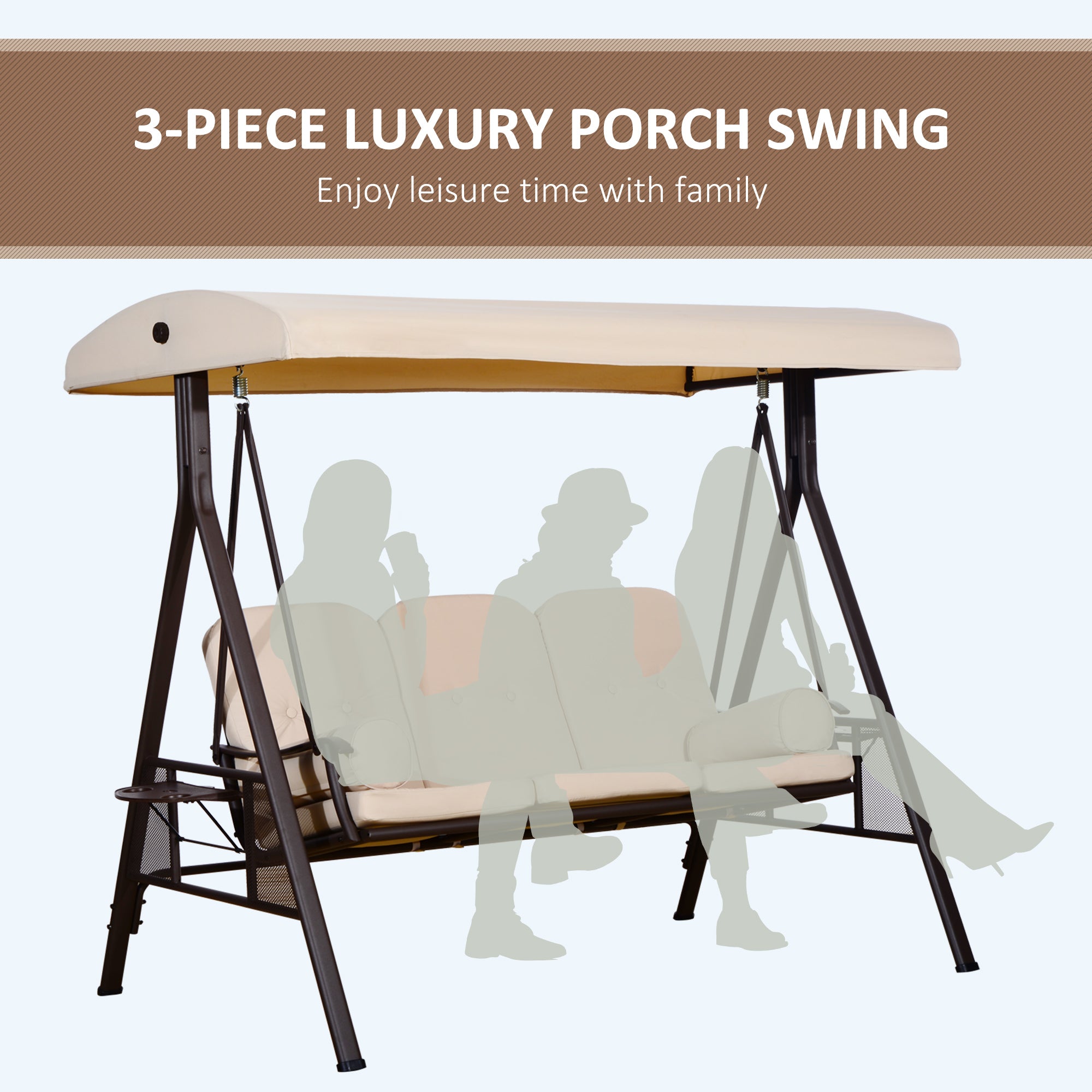 Outsunny 3 People Steel Outdoor Canopy Patio Cushioned Bench Porch Swing, Beige