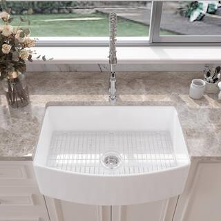 White Fireclay 30 in. Single Bowl Farmhouse Apron Kitchen Sink with Bottom Grid and Basket Strainer HKD-301810C-W