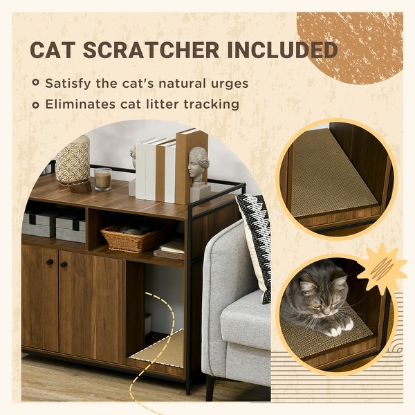 PawHut Hidden Cat Litter Box Enclosure with Scratching Pad， Cat Washroom Storage Bench Side End Table with Double Doors