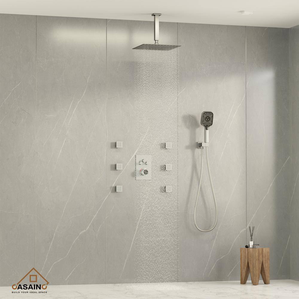 CASAINC 6-Spray 12 in. Thermostatic Dual Shower Heads Ceiling Mount Fixed and Handheld Shower Head 2.5 GPM in Brushed Nickel CS6221-12BN