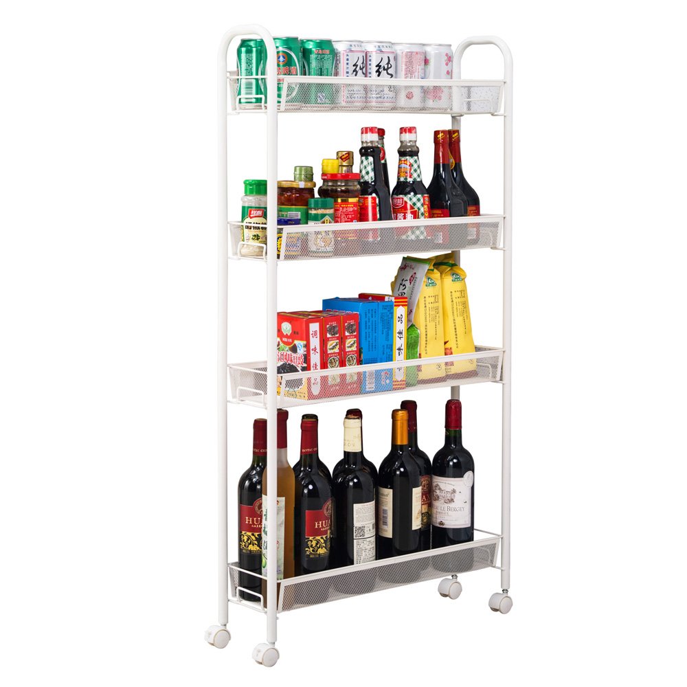 4-Tier Wire Metal Mesh Shelves， Heavy Duty Utility Rolling Cart Trolley， Slim Slide Out Storage Organizer Easy Moving Cart Shelving Units for for Kitchen Office Bedroom Bathroom Washroom， L2412