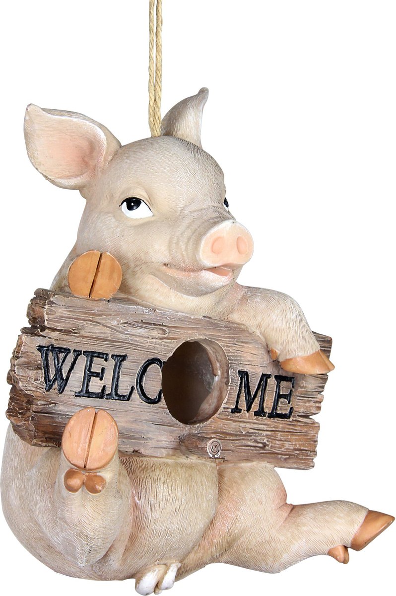 Exhart Hand Painted Pig with Welcome Sign Hanging Resin Bird House